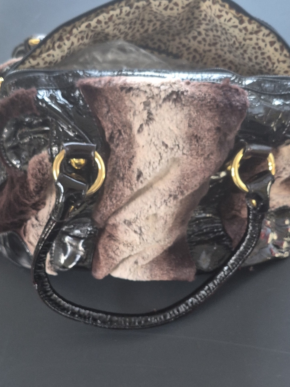 Black Patent Shoulder Bag with Brown Faux Fur Accent